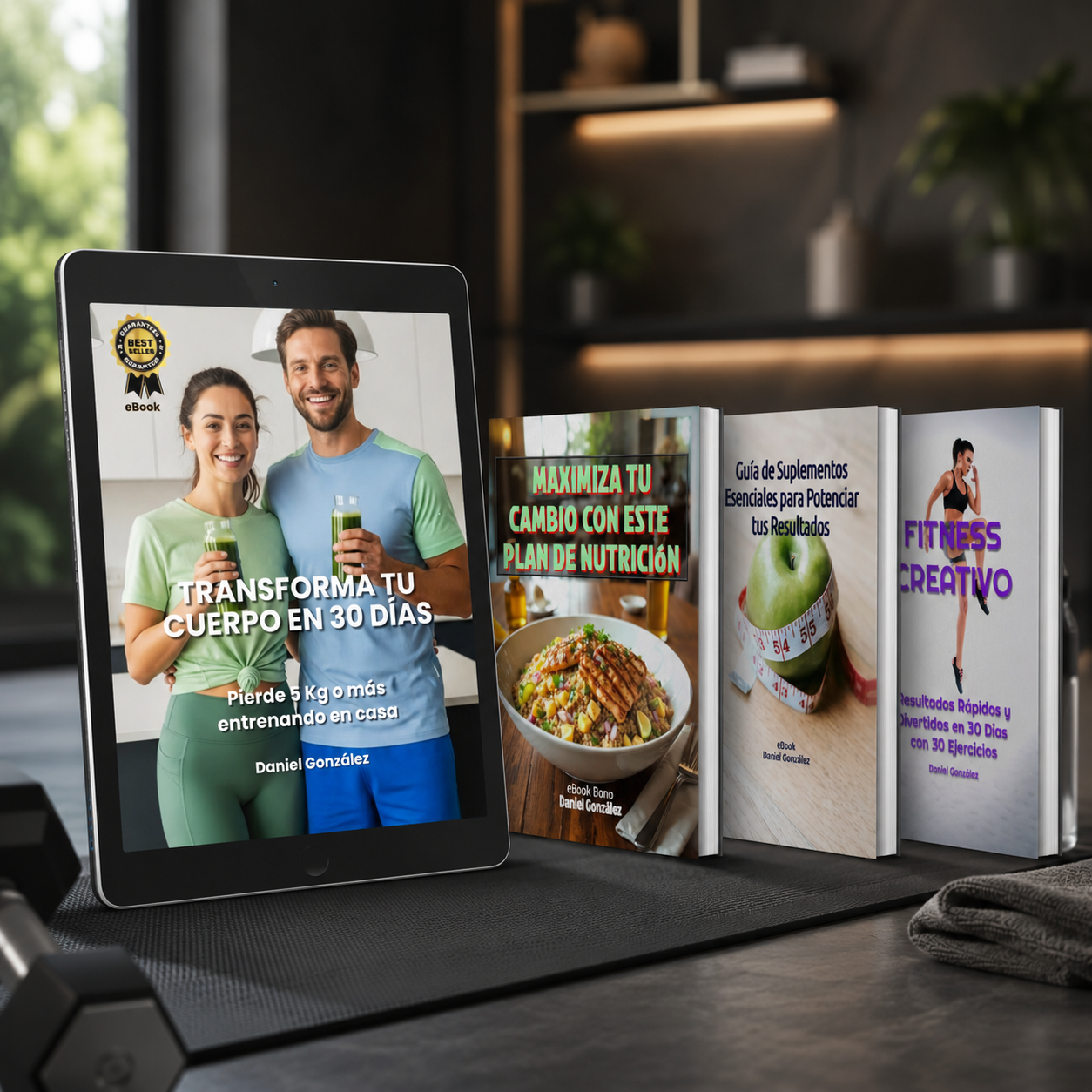 Mockup del combo final: ebook principal y 3 bonos incluidos