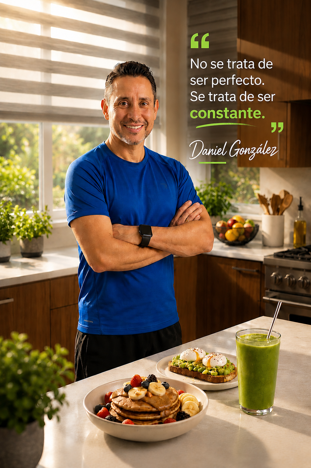 Daniel González en su cocina, sonriendo junto a un desayuno saludable