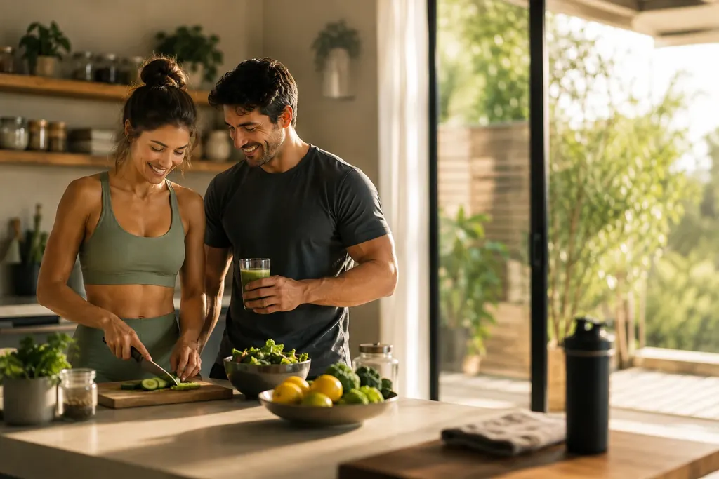 Pareja preparando una comida saludable en una cocina luminosa
