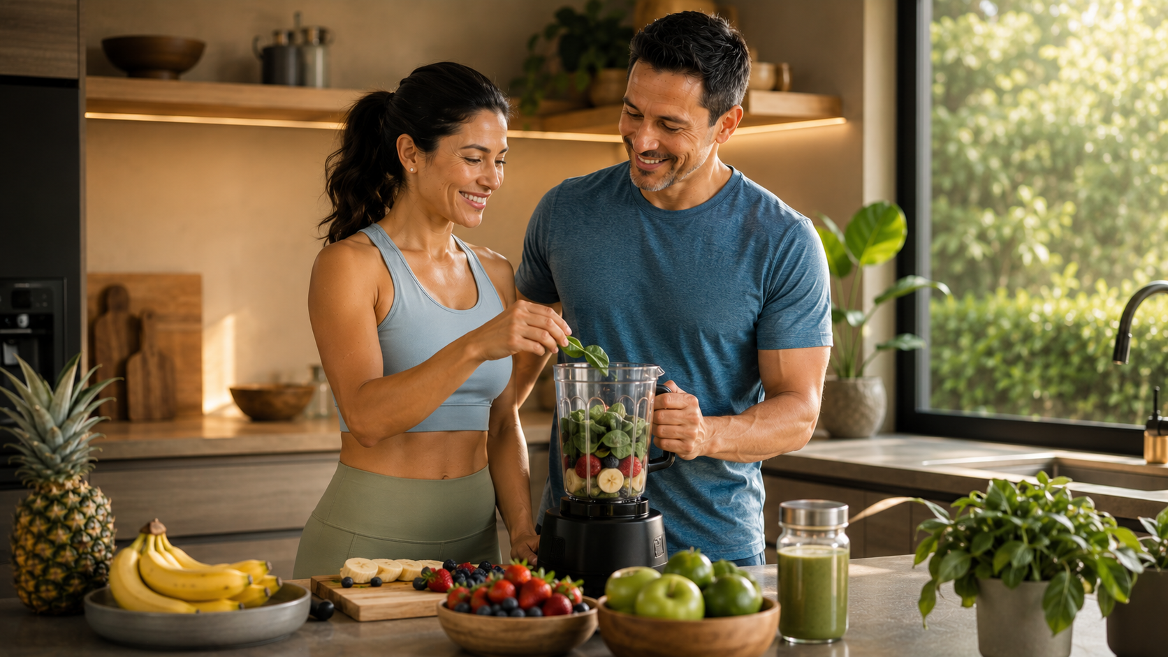 Pareja preparando un smoothie verde juntos en la cocina