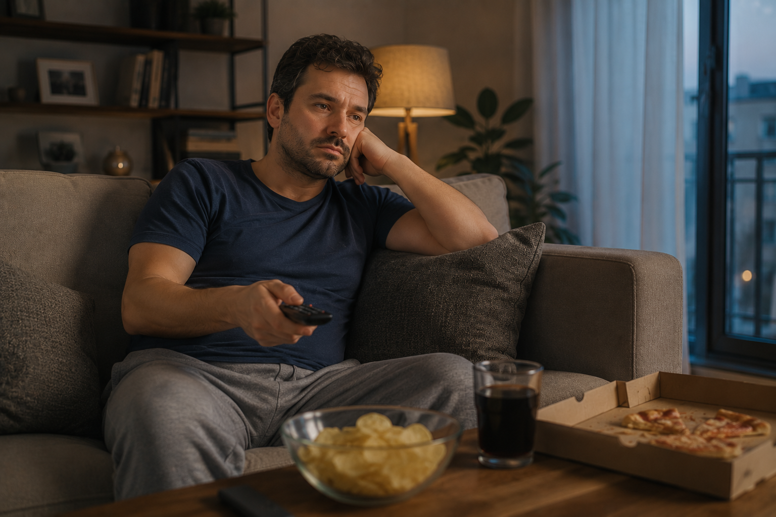 Hombre sentado en el sofá con comida poco saludable al final del día